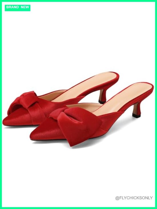 Shoes - Closed Pointed Toe Kitten Heel Mules with Bow Slip on Pumps for Wedding Party